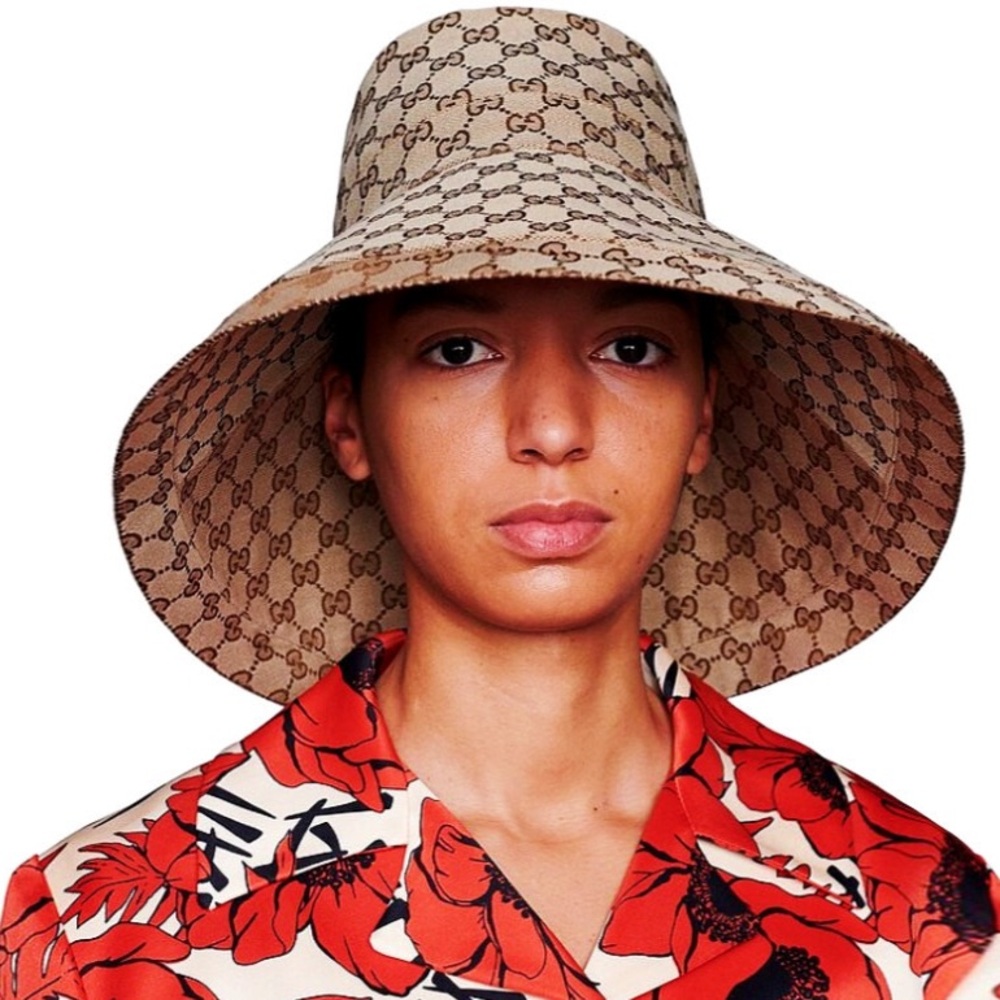 Monogram Wide Large Brim Beige Tan Canvas Bucket Hat Jacquard Sun Coverage New - Picture 3 of 16